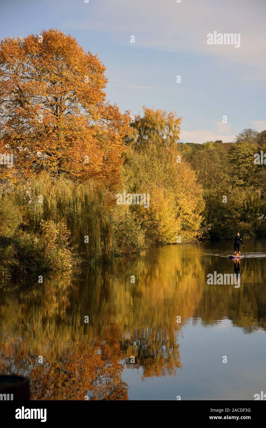 Frau paddleboarding am Fluss Wensum, Norwich UK November 2019 Stockfoto