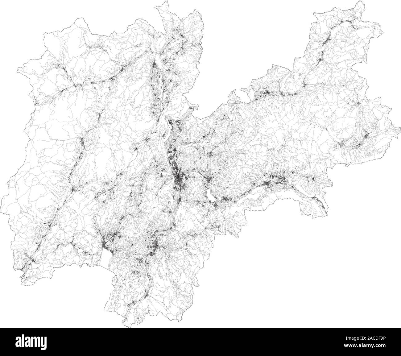 Sat-Karte der Provinz Trient, Städte und Straßen, Gebäude und Straßen der Umgebung. Trentino Alto Adige, Italien. Karte Straßen Stock Vektor