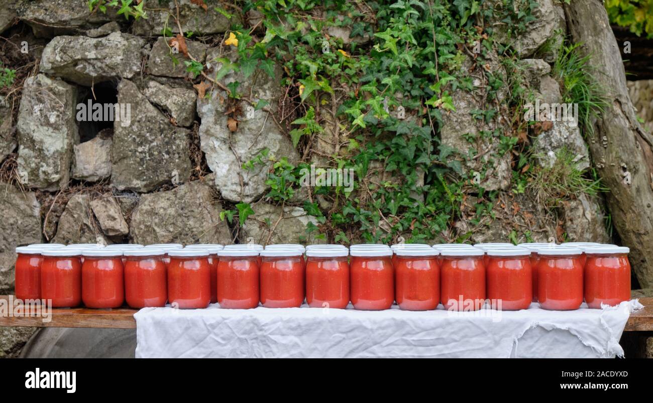 Gläser mit frisch zubereiteten Tomatenmark am Biobauernhof in Italien. Stockfoto