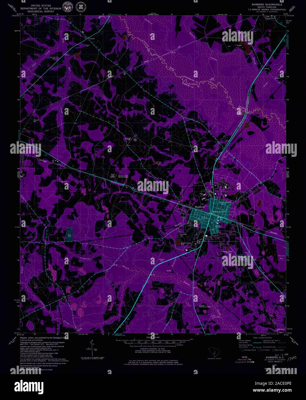 USGS TOPO Karte Südcarolina Sc Bamberg 1979 260727 24000 invertiert Wiederherstellung Stockfoto