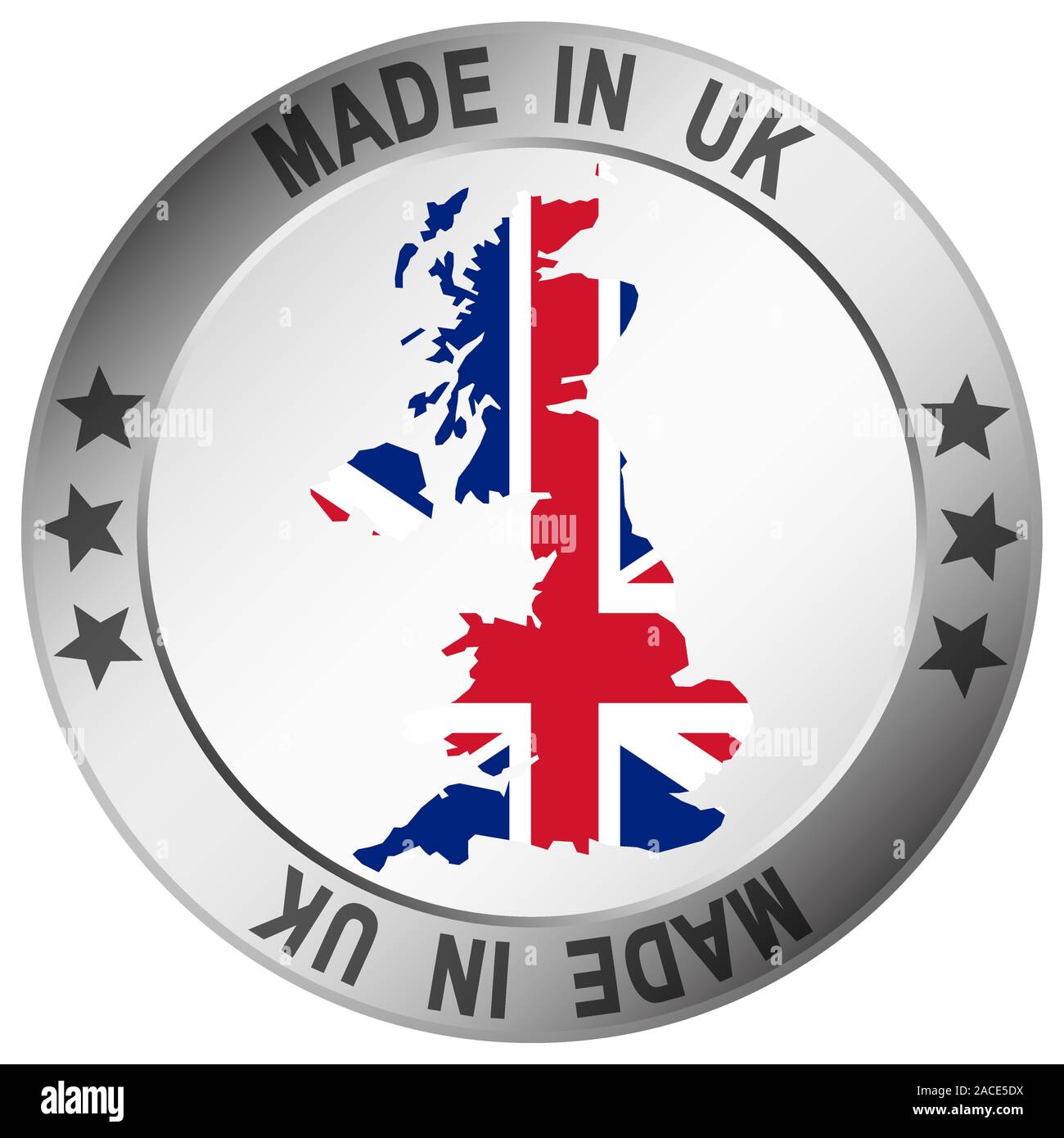 Runder Knopf mit silbernen Rahmen und Text hergestellt in Großbritannien Stock Vektor