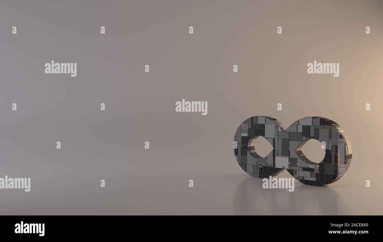 3D-Rendering metal Techno rechteckige Geometrische greeble Symbol für Unendlichkeit zeichen Symbol mit leuchtenden Linien mit unscharfen Reflexion auf Licht backgro Stockfoto