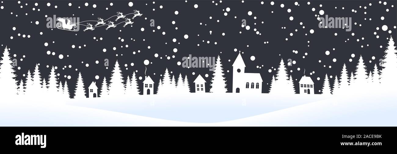 EPS 10 Vektor Datei mit Weihnachten Natur Landschaft Hintergrund mit Schneefelder, kleines Dorf, Weihnachtsmann auf Schlitten, Schnee und farbige Hinterg Stock Vektor