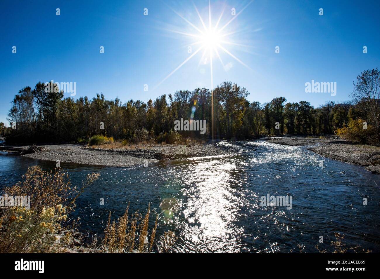 Big Wood River unter Sonne in Bellevue, Idaho, USA Stockfoto