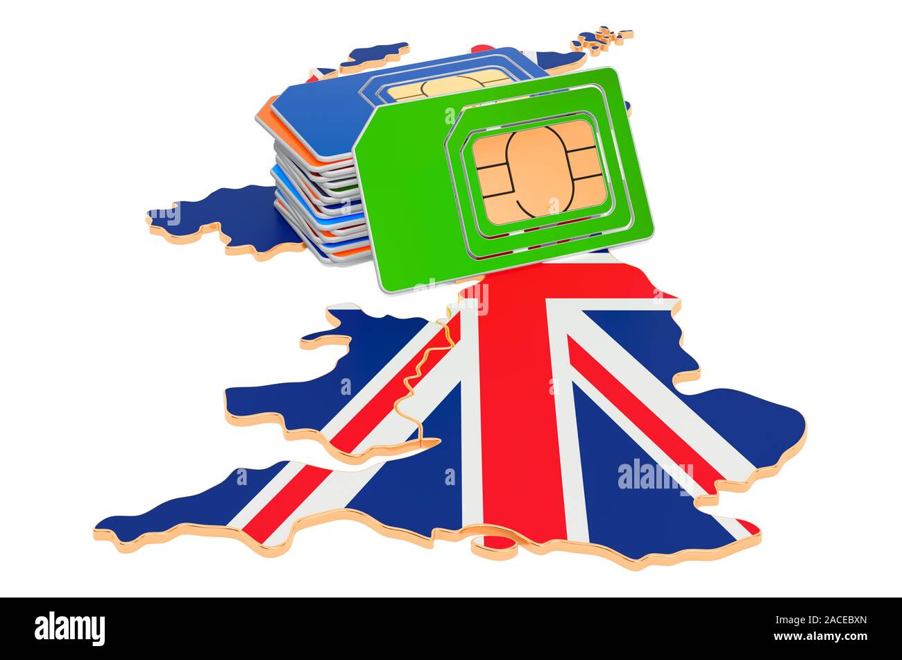 Sim-Karten auf dem britischen Karte. Mobile Kommunikation, Roaming im Vereinigten Königreich, Konzept. 3D-Rendering auf weißem Hintergrund Stockfoto