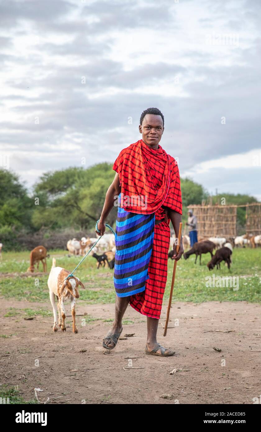 Gleichen, Tansania, 11. Juni 2019: Masai Krieger in seinem Haus boma oder Dorf Stockfoto