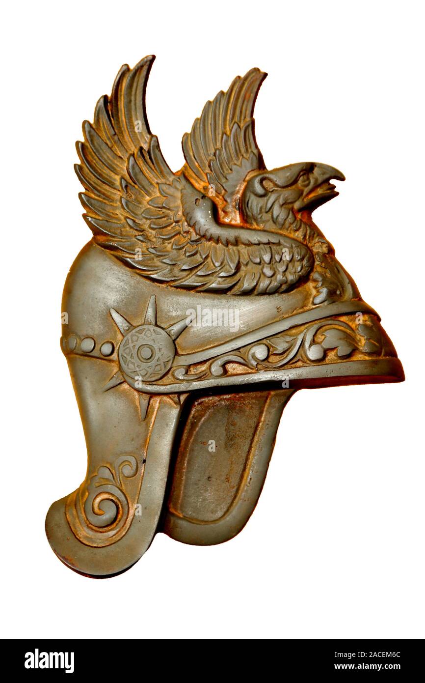 Krieger Gusseisen Helm wall Plaque mit Phoenix Emblem Stockfoto