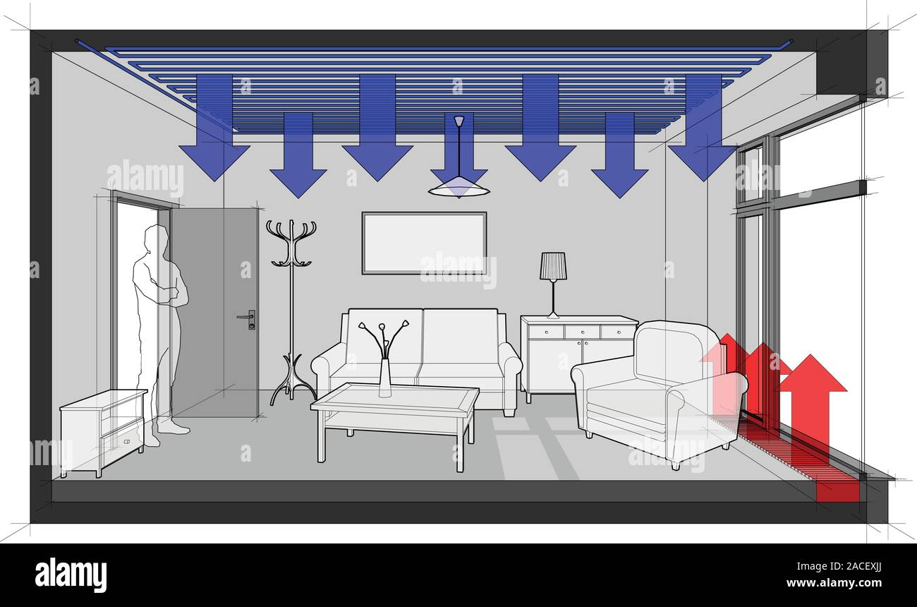 Leere Zimmer mit französischem Fenster und Decke Kühlung und Heizung Konvektor und Möbel Stock Vektor