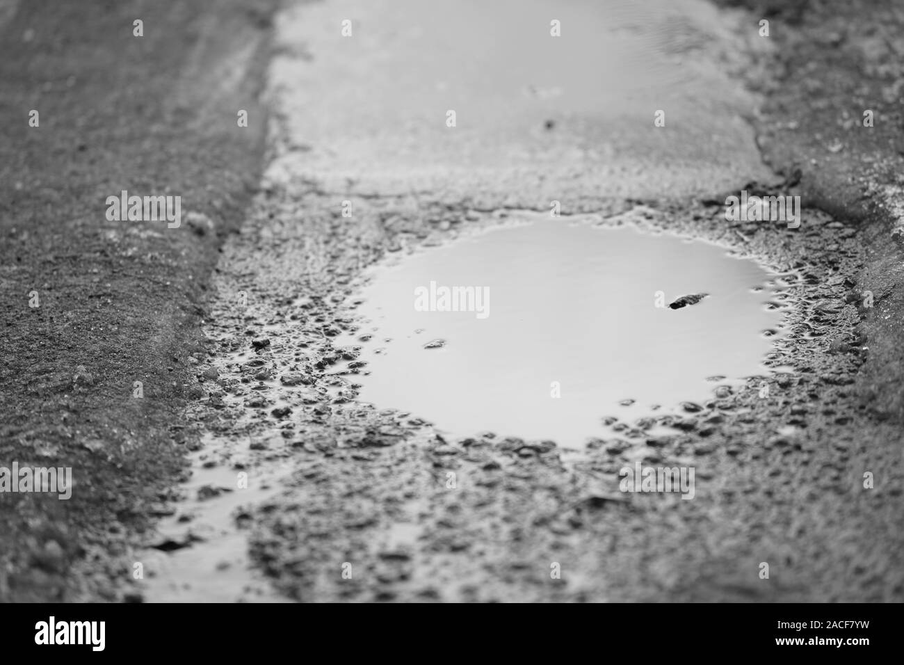 Pfütze auf einem nassen Asphalt, bw Foto. Stockfoto