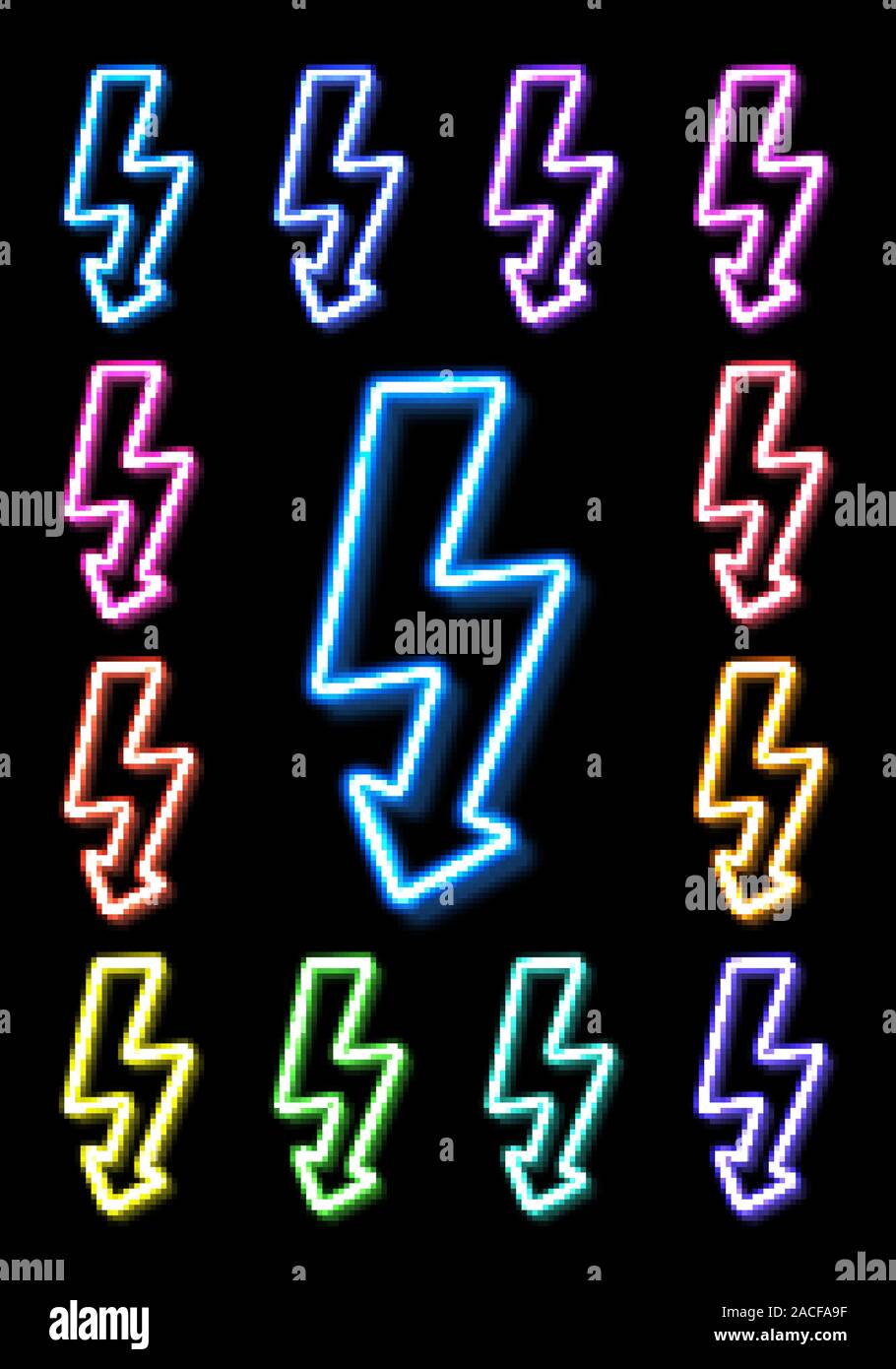 Farbe neon Thunderbolt Symbol auf schwarzem Hintergrund. Helle Streifen Pfeil. Glühende 3d Blitz. Abstrakte Strom Sturm Symbol. Elektrischer Schlag Stock Vektor