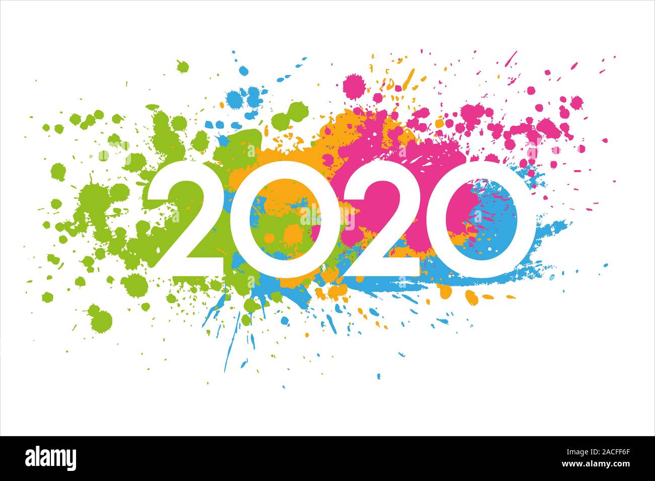 Neues Jahr: 2020 mit bunten Flecken bemalt. Grußkarte Material. Stockfoto
