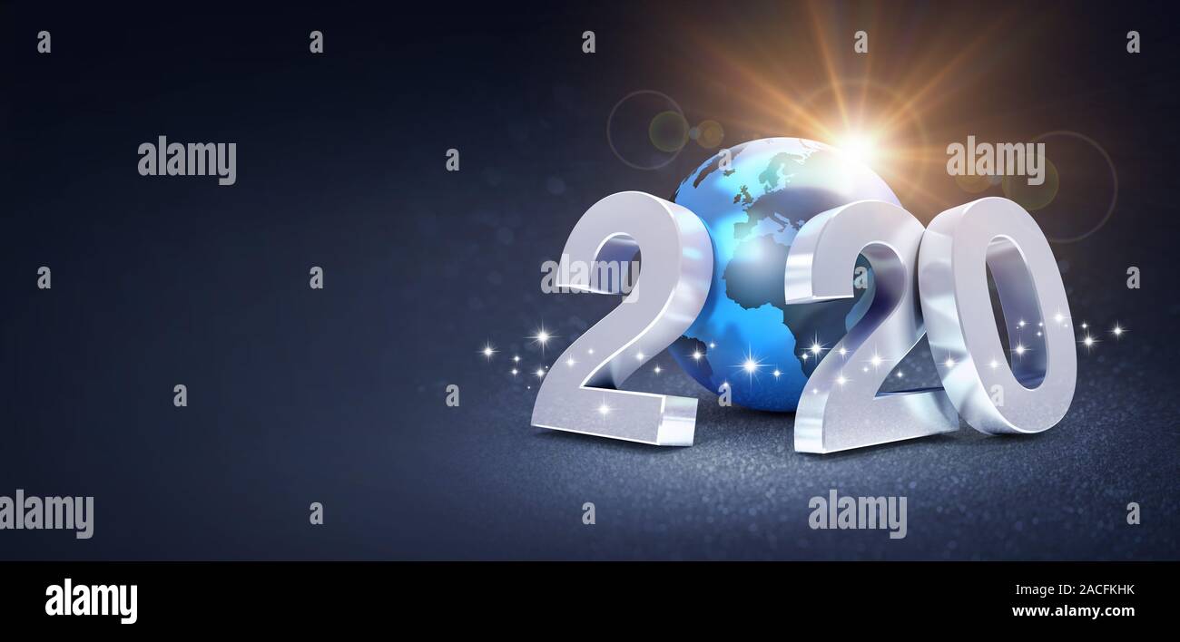 Silber Neu Jahr: 2020 zusammen mit einem blauen Planeten Erde, auf einem glitzernden schwarzen Hintergrund - 3D-Darstellung Stockfoto
