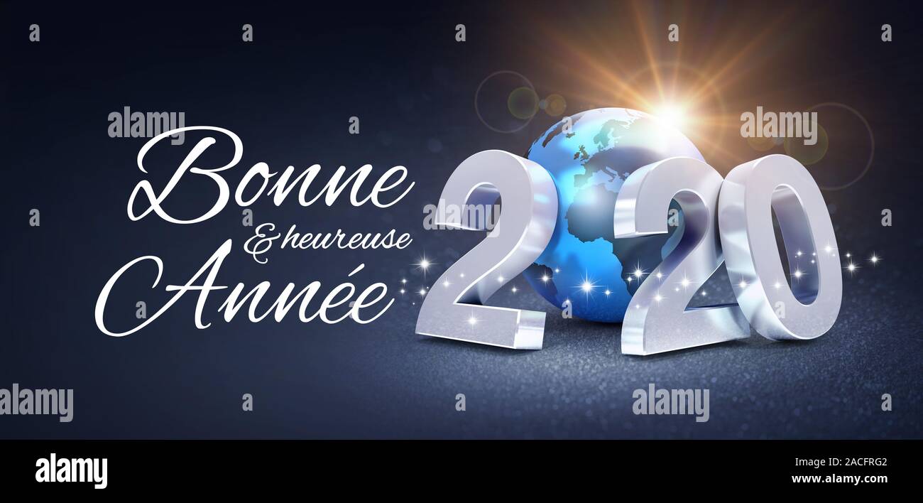 Frohes Neues Jahr Gruß in die Französische Sprache und Silber: 2020 zusammen mit einem blauen Planeten Erde, glitzernde auf schwarzem Hintergrund - 3D-Darstellung Stockfoto