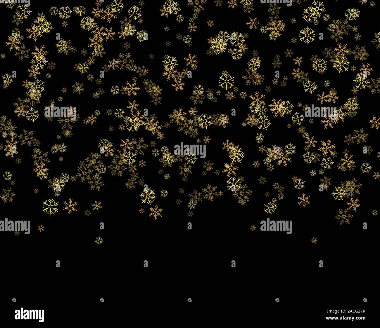 Golden Schneeflocken vom Himmel fallen. Zusammenfassung Hintergrund für den Urlaub. Frohe Weihnachten und guten Rutsch ins neue Jahr. Vector Illustration auf Schwarz zurück Stock Vektor