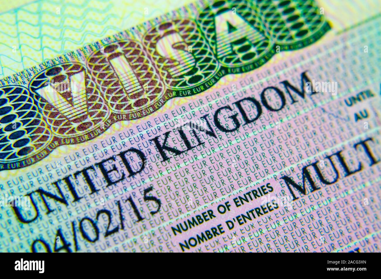 UK Visum Typ C (Business, Tourismus) Aufkleber in einen Reisepass. Makro Foto. Stockfoto