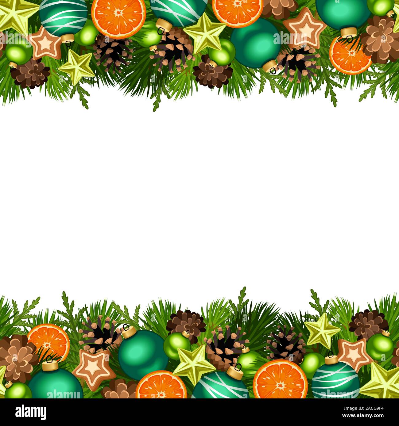 Vector Weihnachten horizontaler nahtloser Hintergrund mit Tannenästen, grünen Kugeln, Kegel, Sternen, Orangen und Lebkuchenplätzchen. Stock Vektor