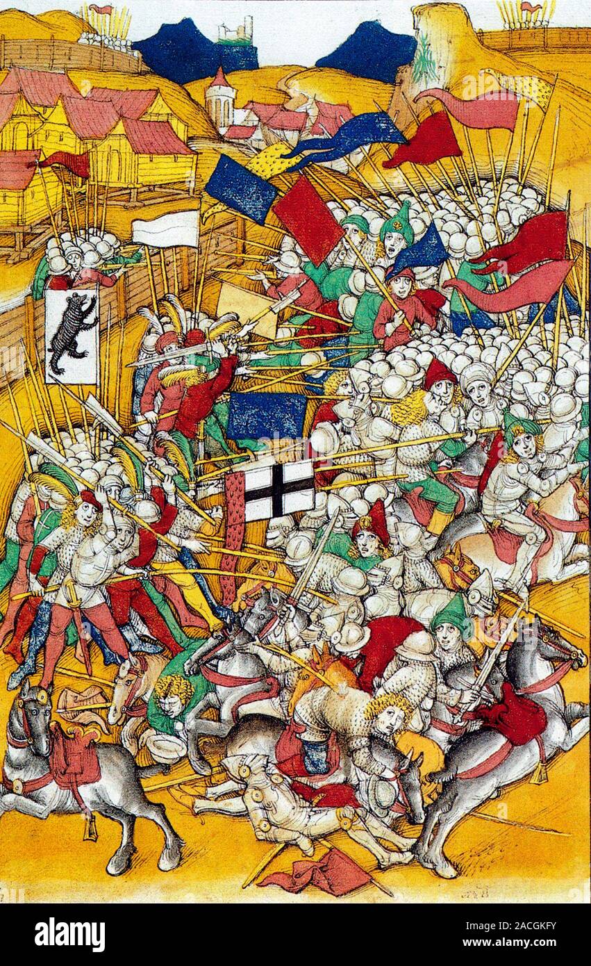 Die Schlacht von Vogelinsegg, 15. Mai 1403 in der Spiezer Chronik von Diebold Schilling. Auf der linken Seite des Bildes die Letzi über dem Innenhof Loch, im Hintergrund das Dorf Speicher. Eine Gruppe von Appenzell Kämpfe auf die letzi, ein weiteres unter dem Banner mit dem Bären im Vordergrund bewaffnet mit langen Hecht gegen die Ritter des Prinzen von St. Gallen. Stockfoto