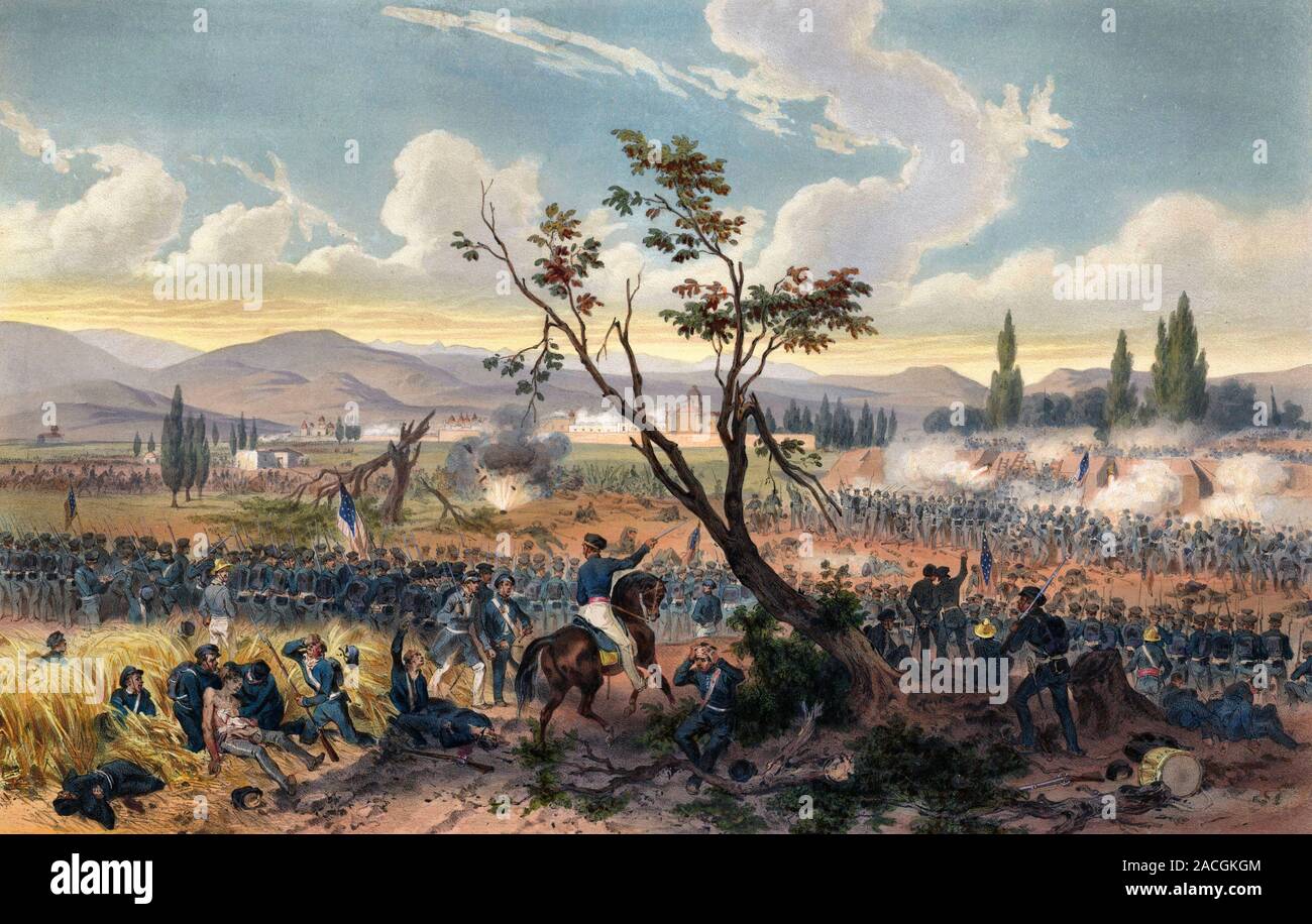 Schlacht von der Schlacht von Churubusco (20. August 1847) im Mexikanisch-Amerikanischen Krieg. Handcolorierte Lithographie - Adolphe Jean-Baptiste Bayot Stockfoto