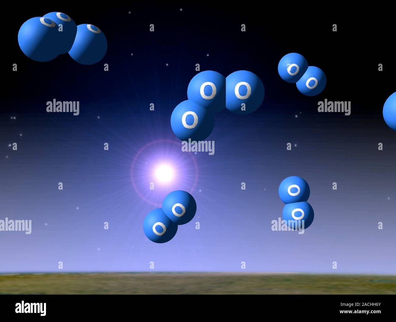 Sauerstoff und Ozon. Computer Artwork von Sauerstoff O2 und Ozon O3 Molekule in der Atmosphare uber der Erde. Ozon ist ein allotrope von Sauerstoff und ist Stockfotografie Alamy