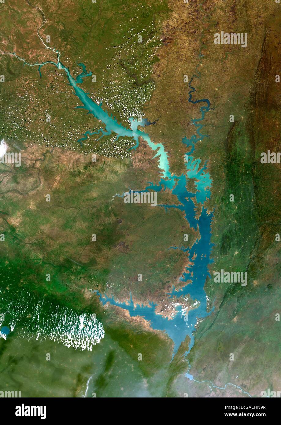 Lake Volta, Satellitenbild. Dieser See ist in Ghana. Er ist der größte Stausee von Fläche in der Welt und der viertgrößte Volumen Stockfoto