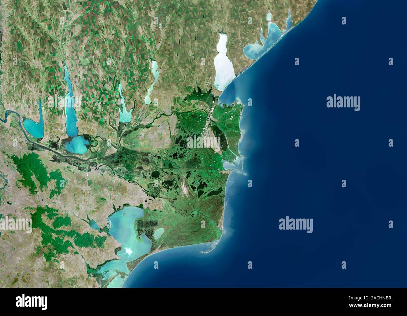 Donau Delta, Satellitenbild. Dieses Delta ist, wo die Donau in das Schwarze Meer fließt auf der nordwestlichen Küste. Den nördlichen Teil. Stockfoto