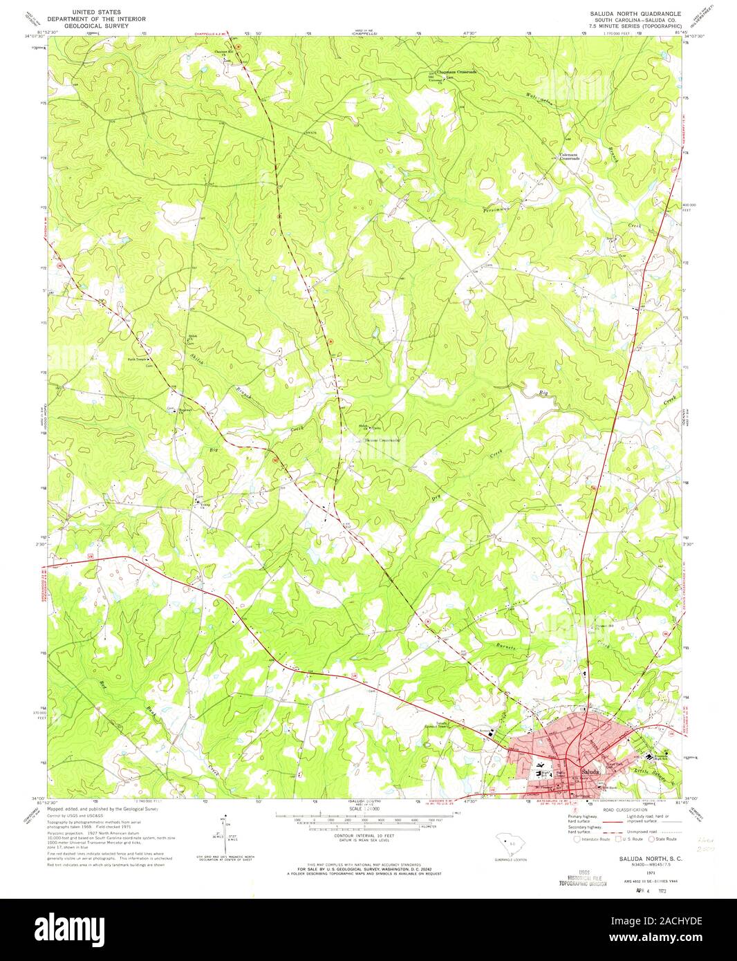 USGS TOPO Karte Südcarolina Sc Saluda Norden 261522 1971 24000 Wiederherstellung Stockfoto