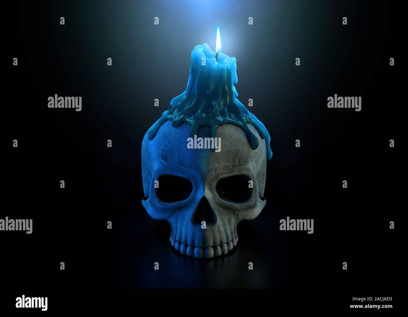 Eine makabre Konzept zeigt einen menschlichen Schädel, gekrönt mit einem Schmelzpunkt Kerze mit einer blauen Flamme auf einem isolierten dunklen Studio Hintergrund - 3D-Rendering Stockfoto