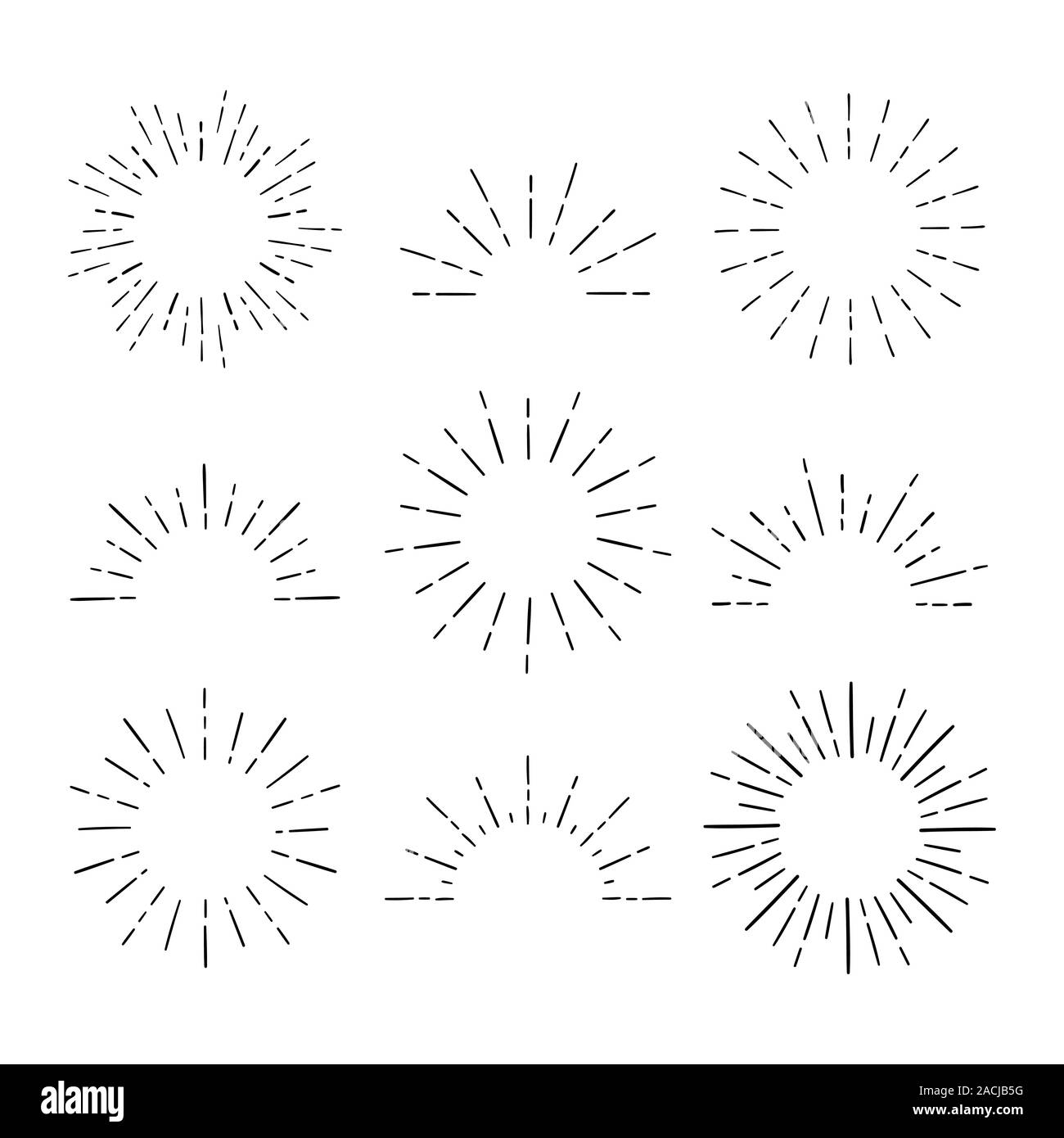 Satz von Vintage Sunbursts in verschiedenen Formen. Hipster Hand gezeichnet Retro platzen Strahlen Design Elemente. Stock Vektor