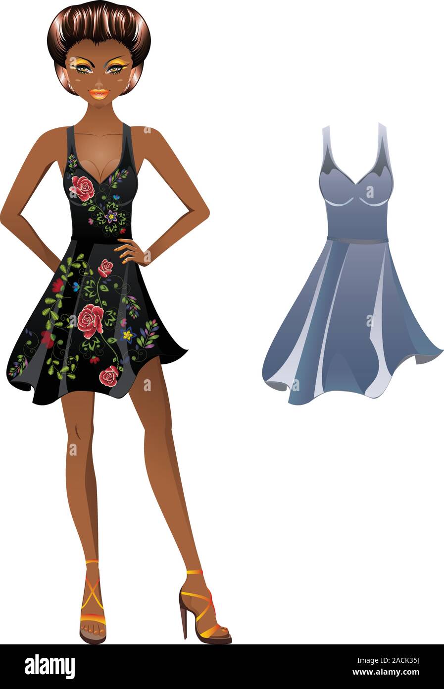 Mode Cartoon Mädchen in einem Kleid mit floraler Stickerei. Stock Vektor