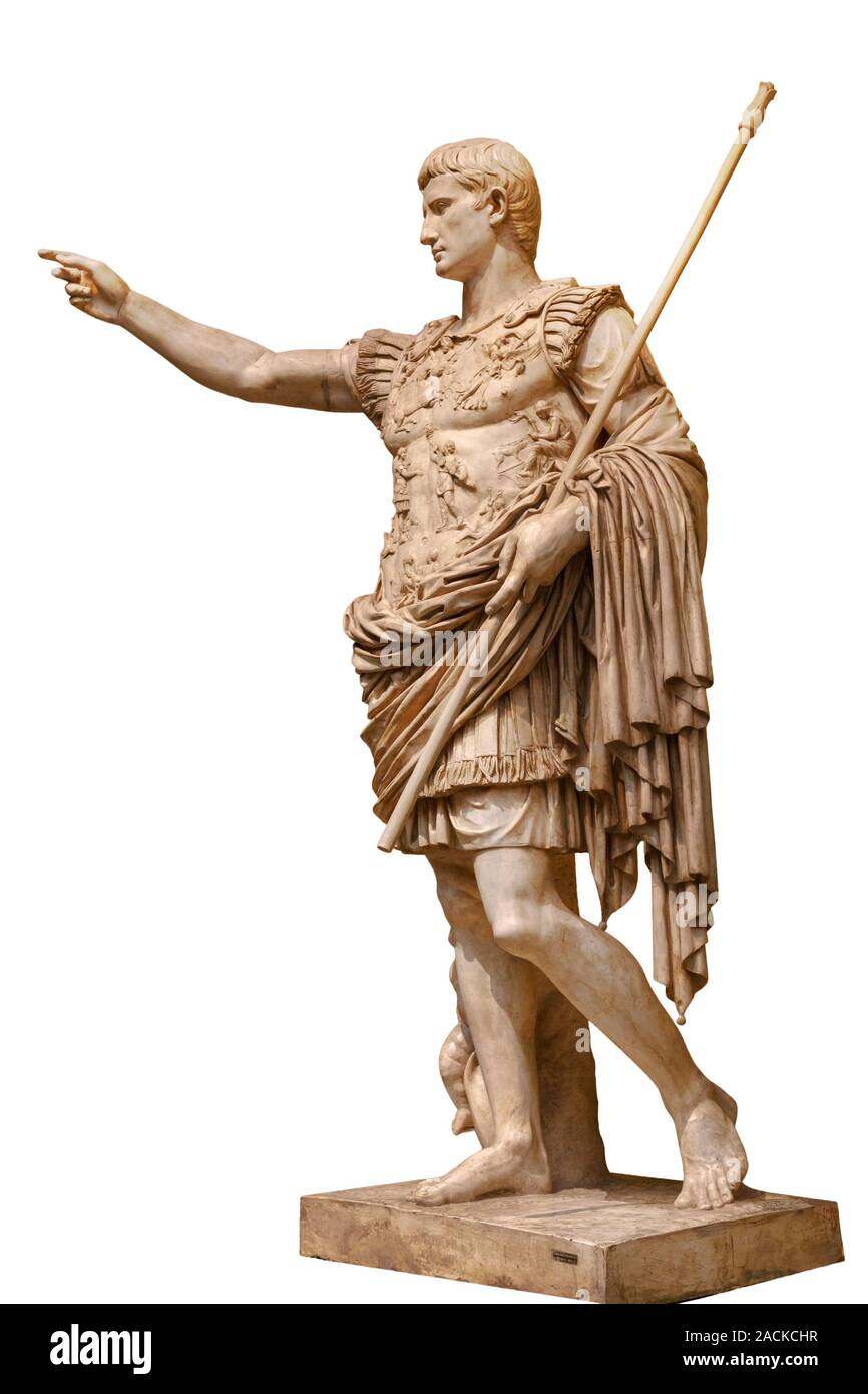 Caesar Augustus, dem ersten Kaiser des antiken Roms. Bronze monumentale Statue in der Mitte von Rom isoliert auf weißem Hintergrund. Stockfoto