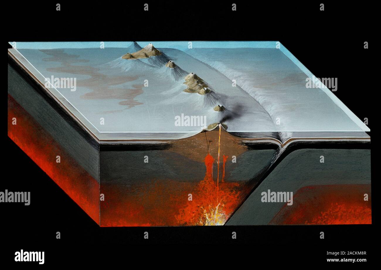 Ozeanische Subduktionszone. Darstellung der geologischen Prozesse, die an einer Subduktionszone zwischen zwei tektonischen Platten auftreten. Dies ist ein destr Stockfoto