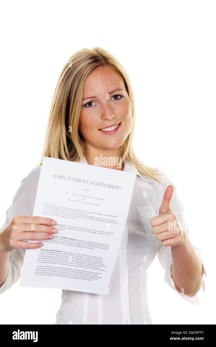 Frau mit Arbeitsvertrag in englischer Sprache Stockfoto