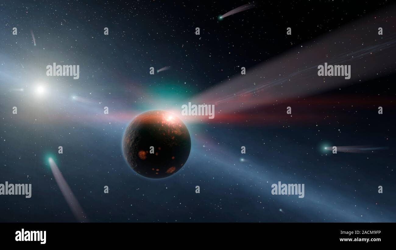 Kometen und Eta Corvi Planeten. Artwork mit einem Sturm von Kometen auf einem Planeten bilden um den Stern Eta Corvi. Dieser Stern ist 59 Lichtjahre von Stockfoto