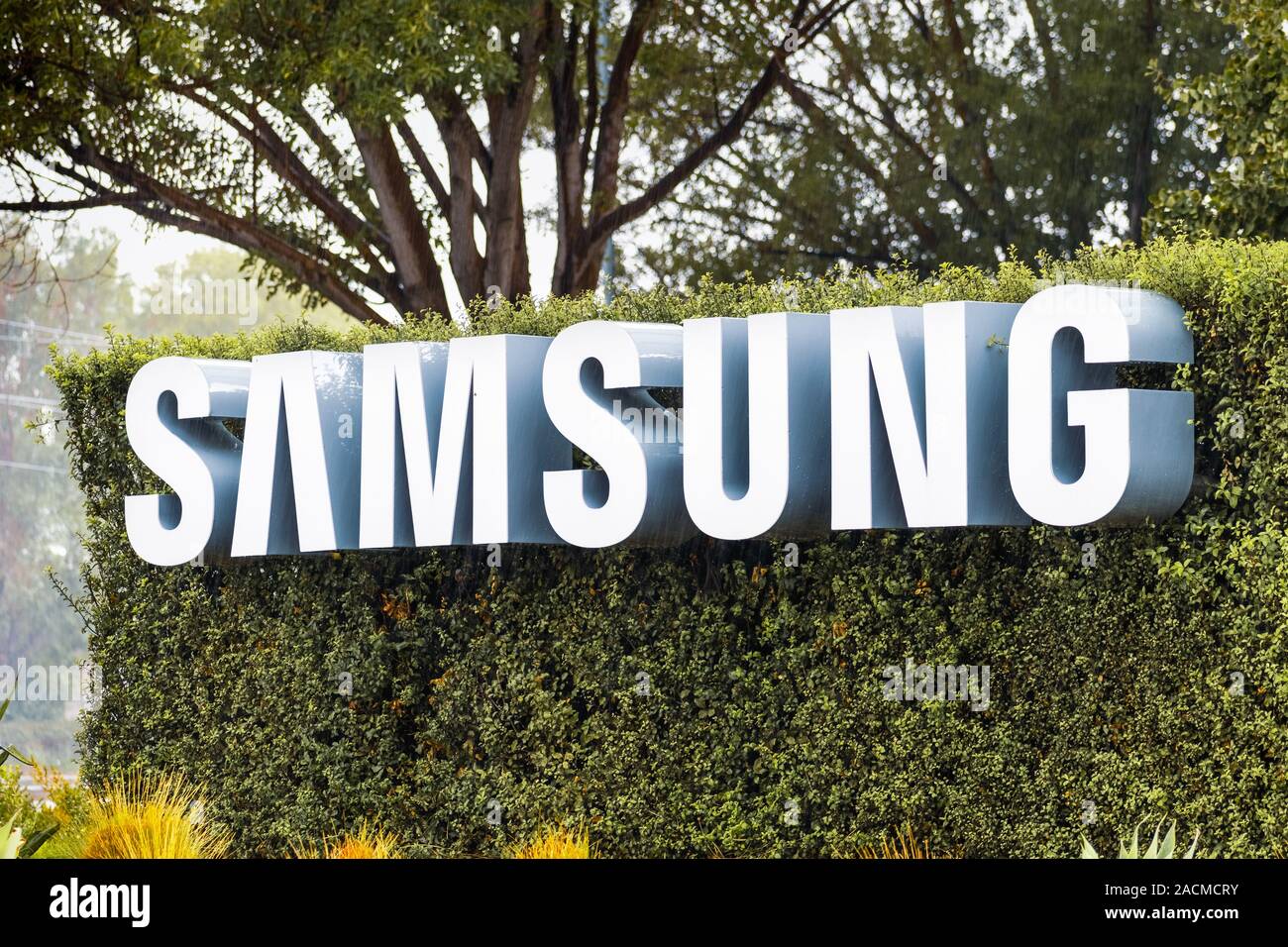 November 27, 2019 San Jose/CA/USA - Samsung Zeichen angezeigt Vor dem modernen Hauptsitz von Samsung Elektronik Lösungen Amerika in Silic Stockfoto