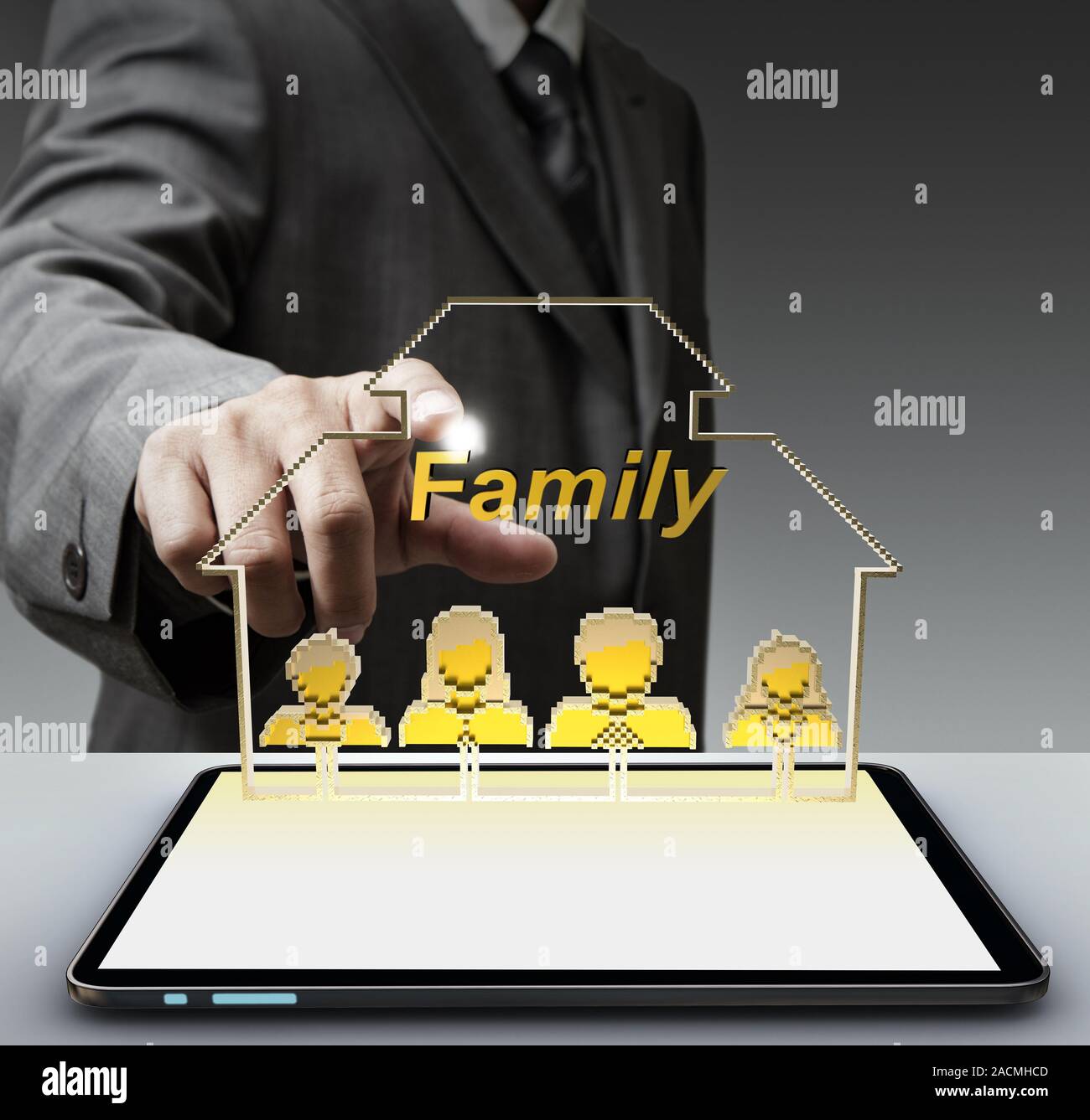 3D-Familie Pixel Icon und Tablet Computer als Konzept Stockfoto