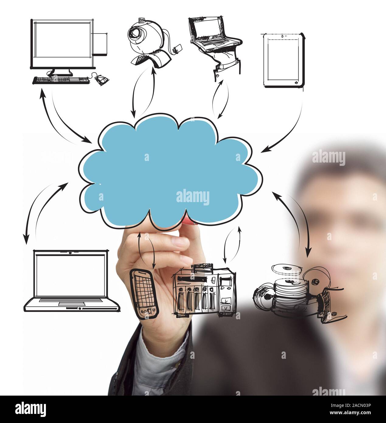 Geschäftsmann Zeichnung cloud Network auf dem Whiteboard Stockfoto