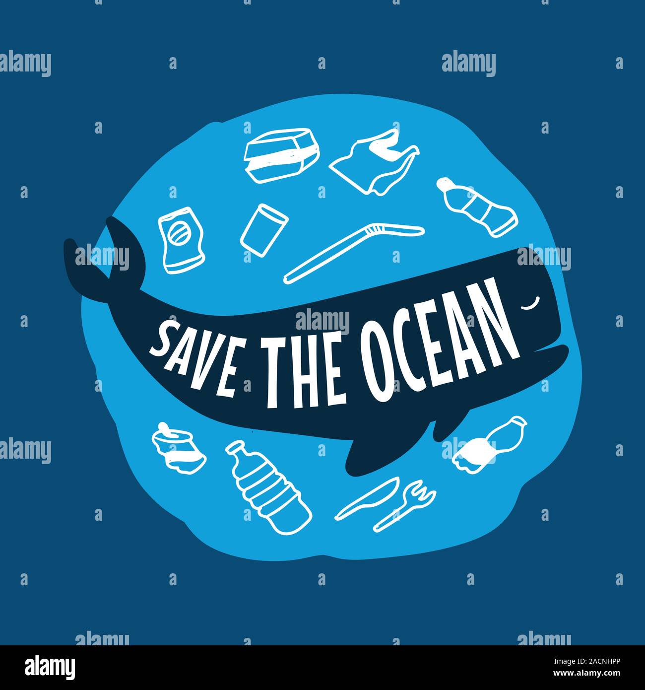 Stop Ozean Kunststoff Umweltverschmutzung. Speichern Sie den Ozean. Wal. Stock Vektor