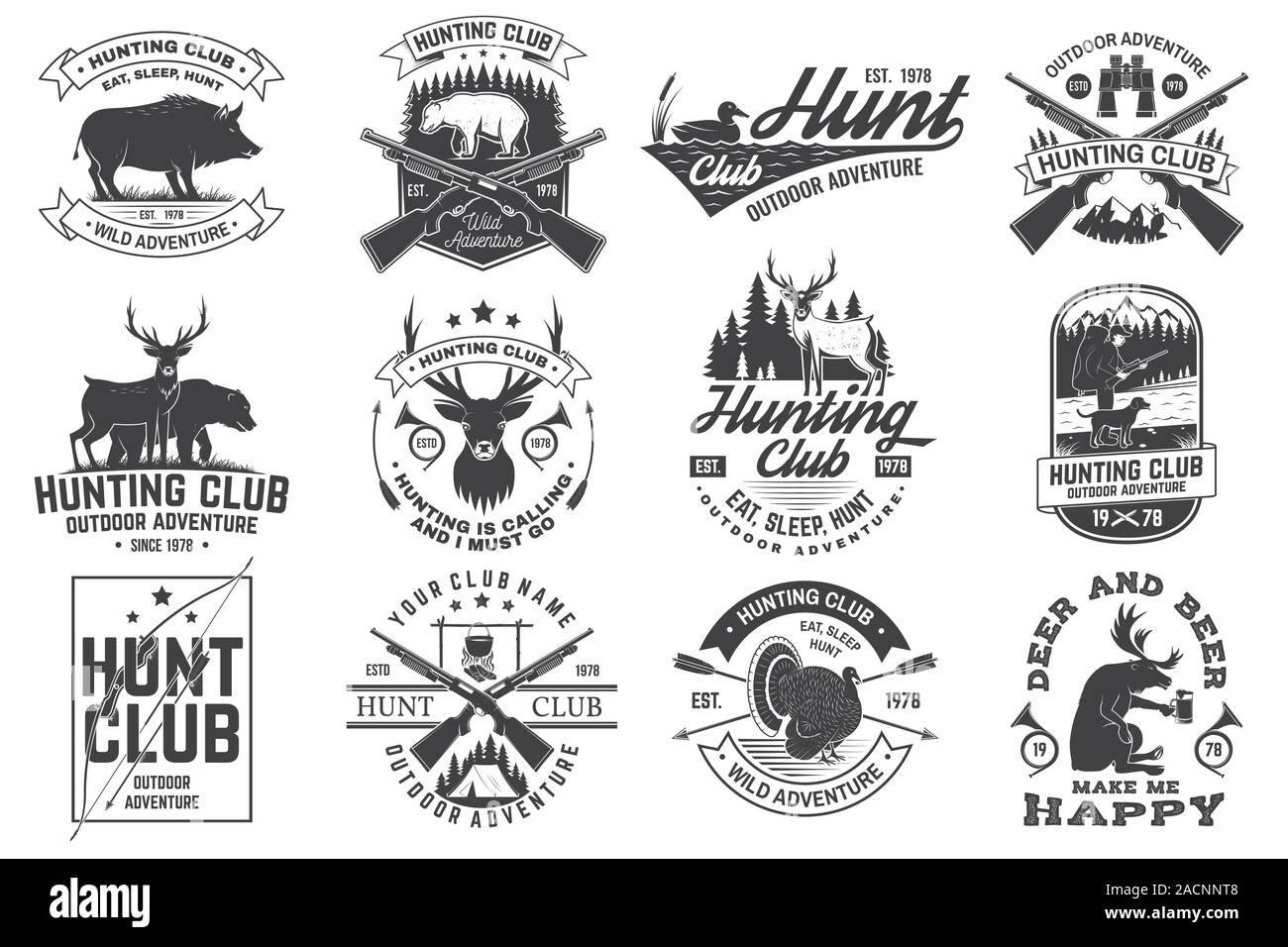 Einstellen der Jagd club Abzeichen. Vektor Konzept für T-Shirt, Aufkleber, Druck, Stempel. Vintage Typografie Design mit Jagd Gewehr, Wildschwein, Jäger, Bären, Hirsche, die Berge und den Wald. Outdoor Adventure Hunt Club Emblem Stock Vektor