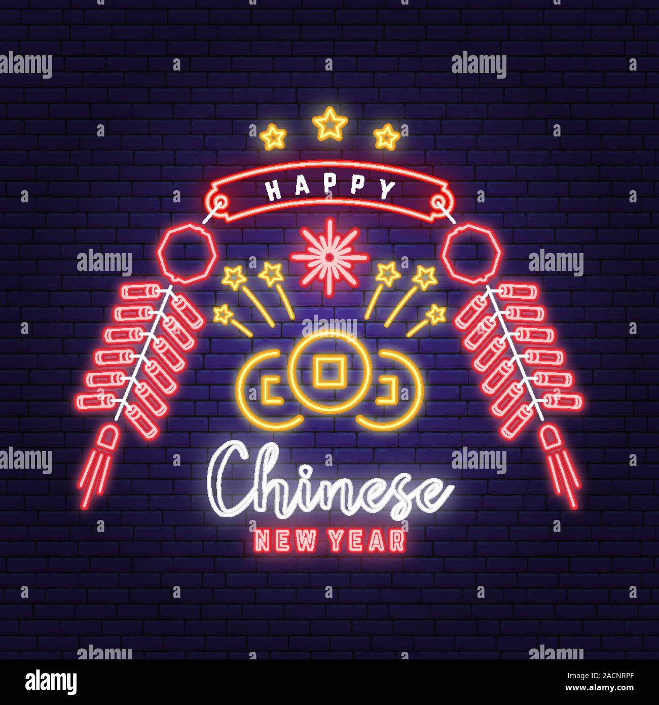 Happy Chinese New Year neon Glückwunschkarte, Flyer, Poster. Vector Illustration. Das chinesische Neujahr Leuchtreklame mit Fire cracker für neues Jahr Emblem, helle Namensschild, leichte Banner. Stock Vektor