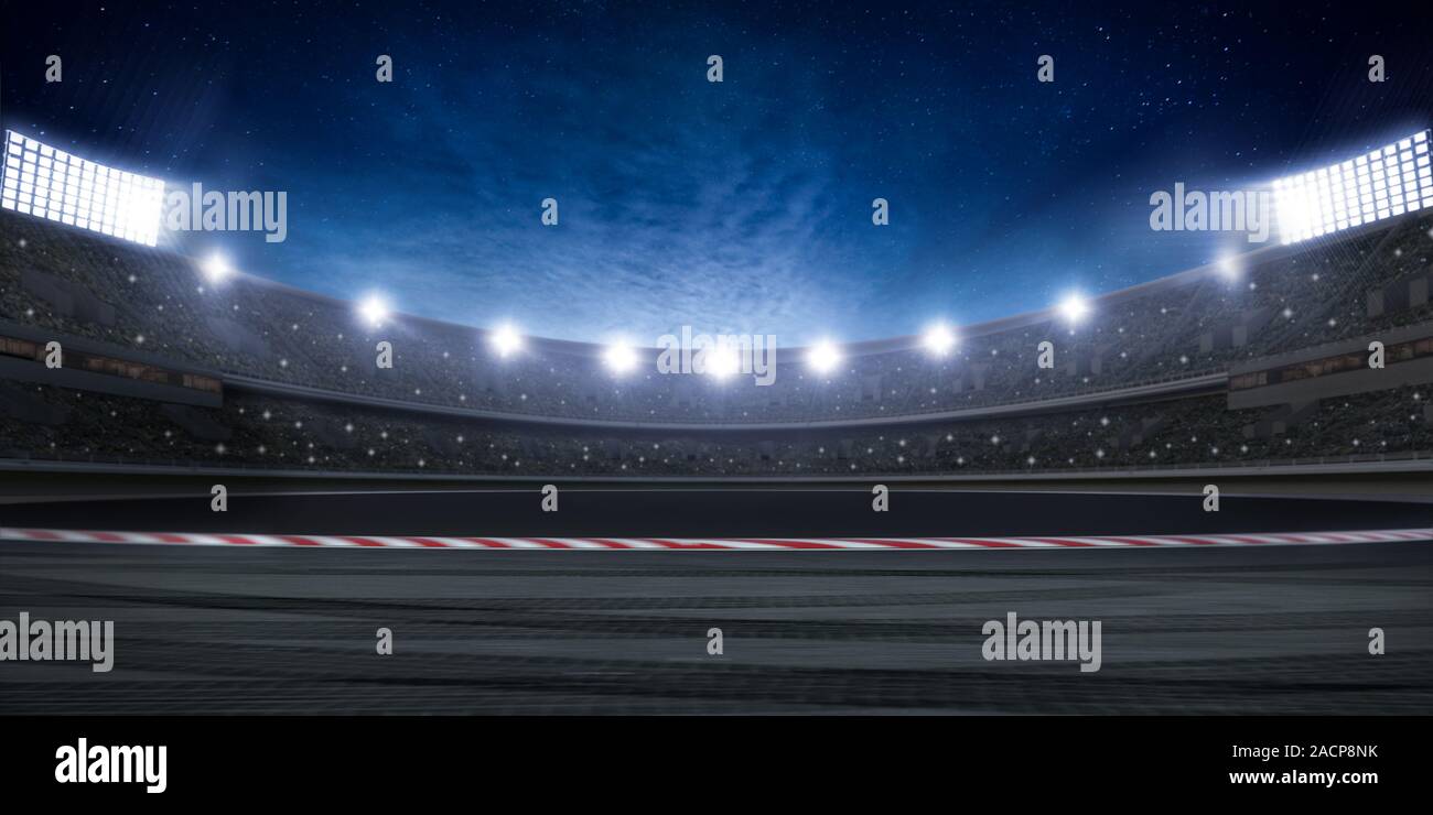 Racing Stadion bei Nacht. Viele Strahler mit Lens Flare. Sterne und Wolken am Himmel. 3D-Rendering Stockfoto