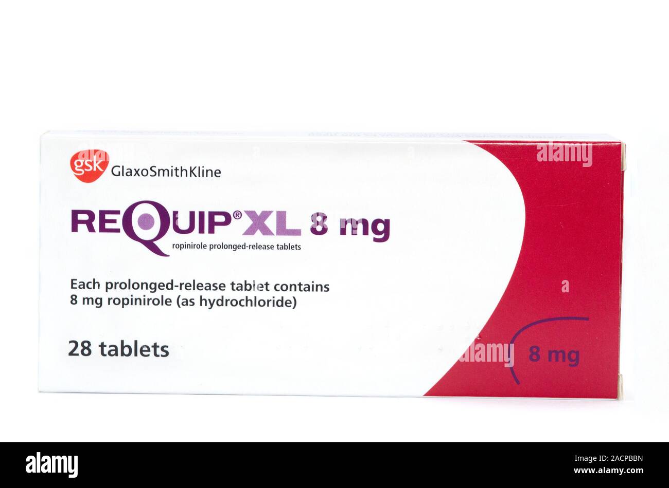 Pack XL Requip (Ropinirole) Tabletten, einen dopaminagonisten Medikament zur Behandlung der Parkinson-Krankheit und Restless-Legs-Syndrom (RLS). Stockfoto