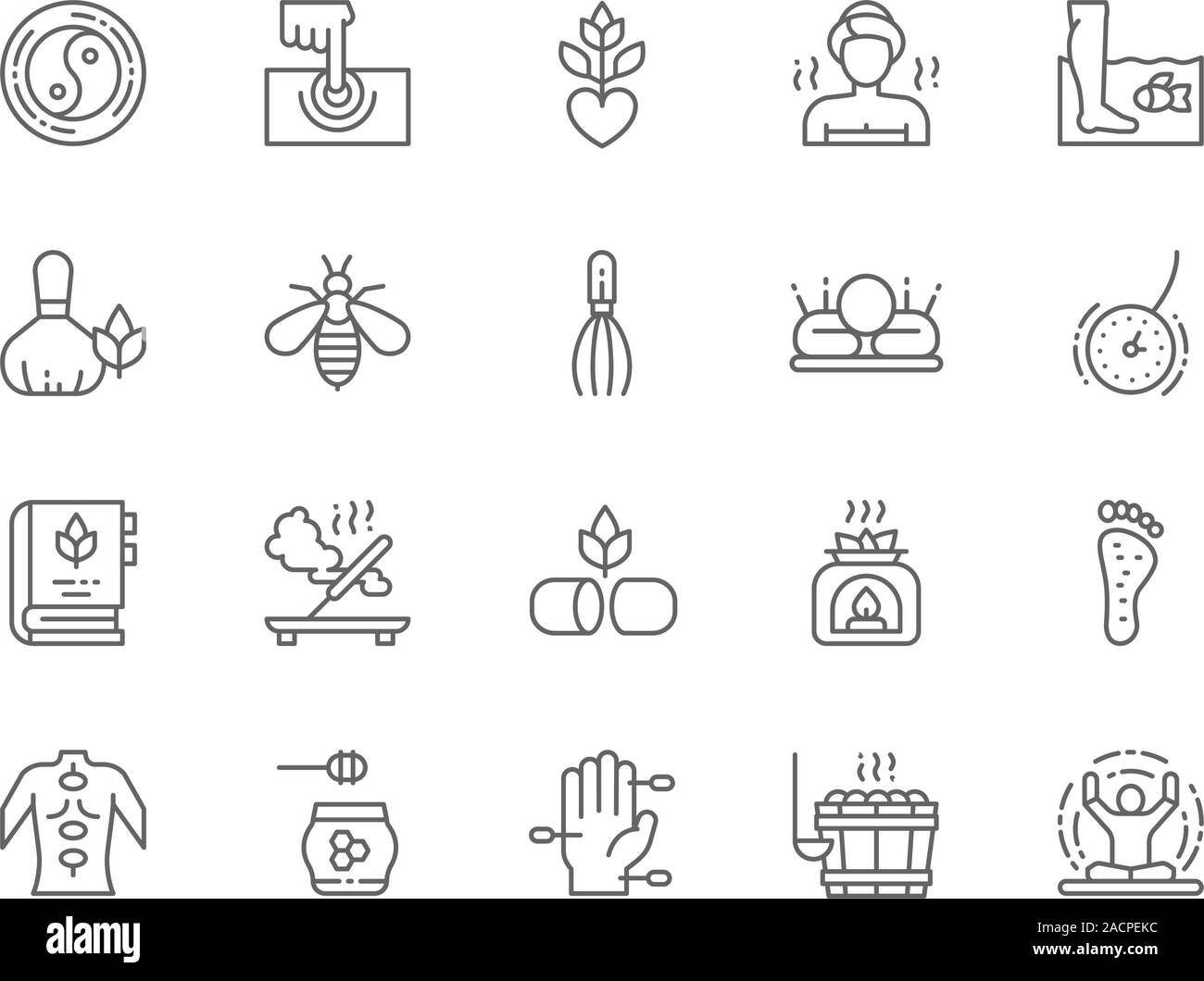 Einstellen der alternativen Medizin Zeile für Symbole. Badehaus, Meditation, Yoga und mehr. Stock Vektor