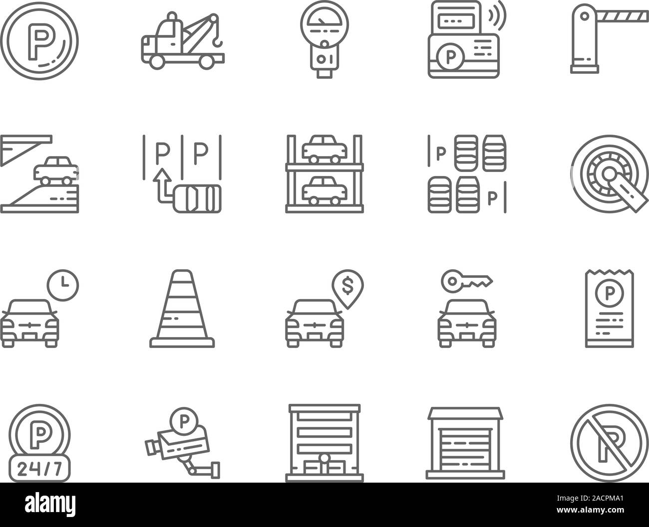 Der Parkplatz Zeile für Symbole. Abschleppwagen, Mietwagen Wheel Lock, Leitkegel und mehr. Stock Vektor