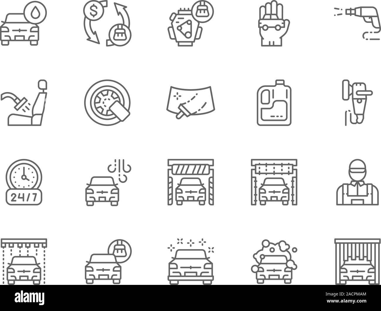 Satz von Car Wash Zeile für Symbole. Poliermaschine, Wheel Lock, Windschutzscheibe und mehr. Stock Vektor