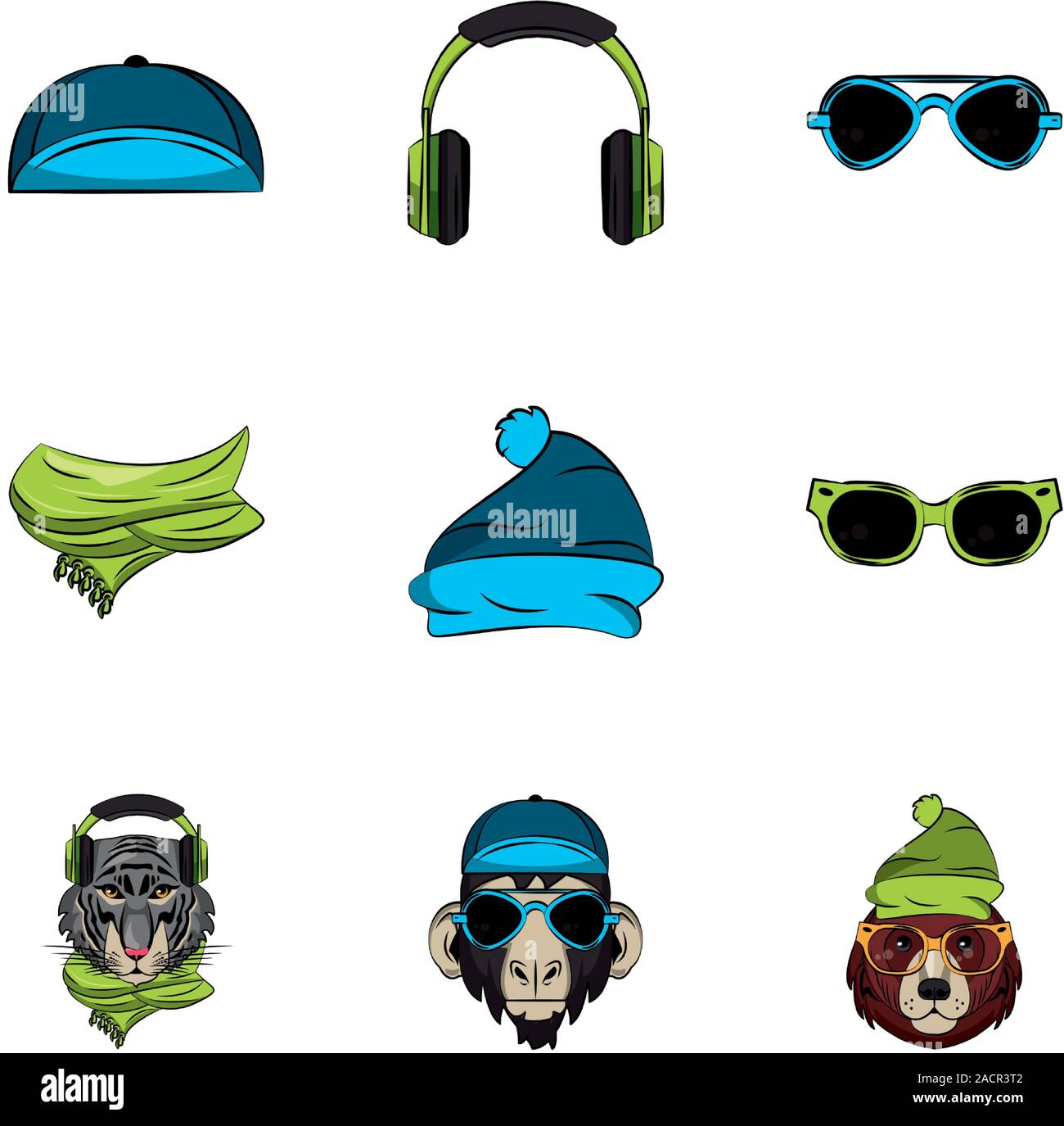 Bündel von Tieren Köpfe und Zubehör Young Style Stock Vektor