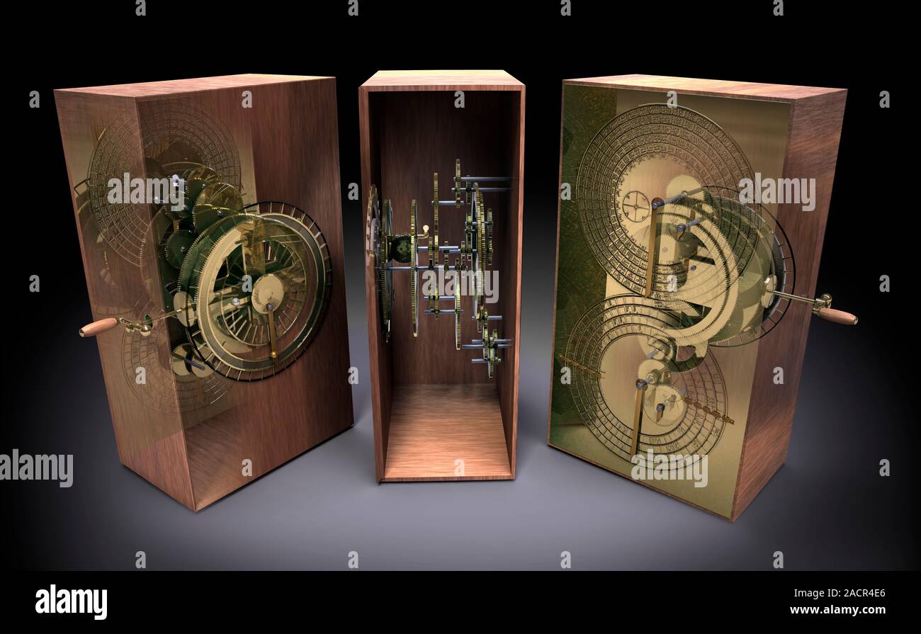 Antikythera Mechanismus, Artwork. Seitenansicht (Mitte) und der vorderen und hinteren Ansichten (beide Seiten) des Antikythera Mechanismus, eine frühe Form des mechanischen Ca Stockfoto