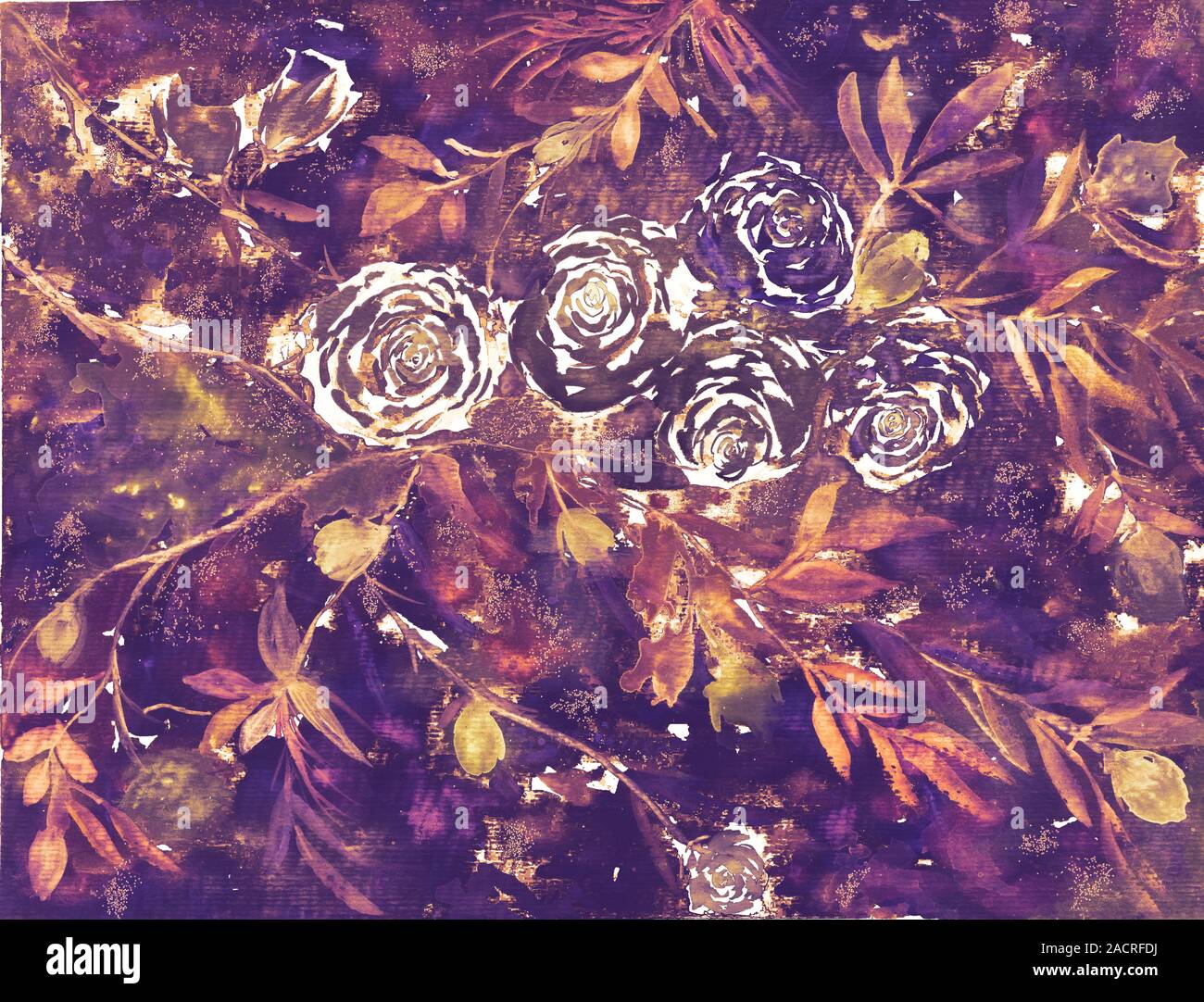 Abstrakter Hintergrund mit Wasserfarben und Blumenmuster. Klassische farbige handbemalte Kunst Grungige Oberfläche mit lockerer Blumenbemalung. Abbildung: Frühlingsblumen. Stockfoto