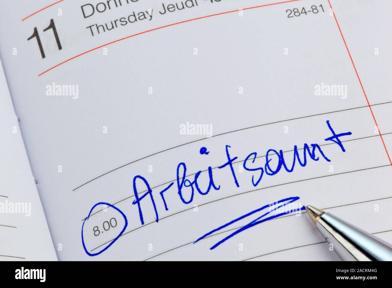 Eintrag im Kalender: Arbeitsamt Stockfoto