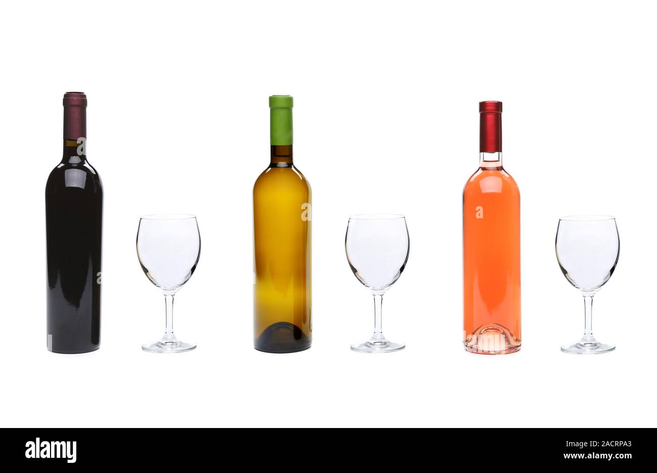 Rot, rose, weiße Wein in Flaschen und Gläser Stockfoto