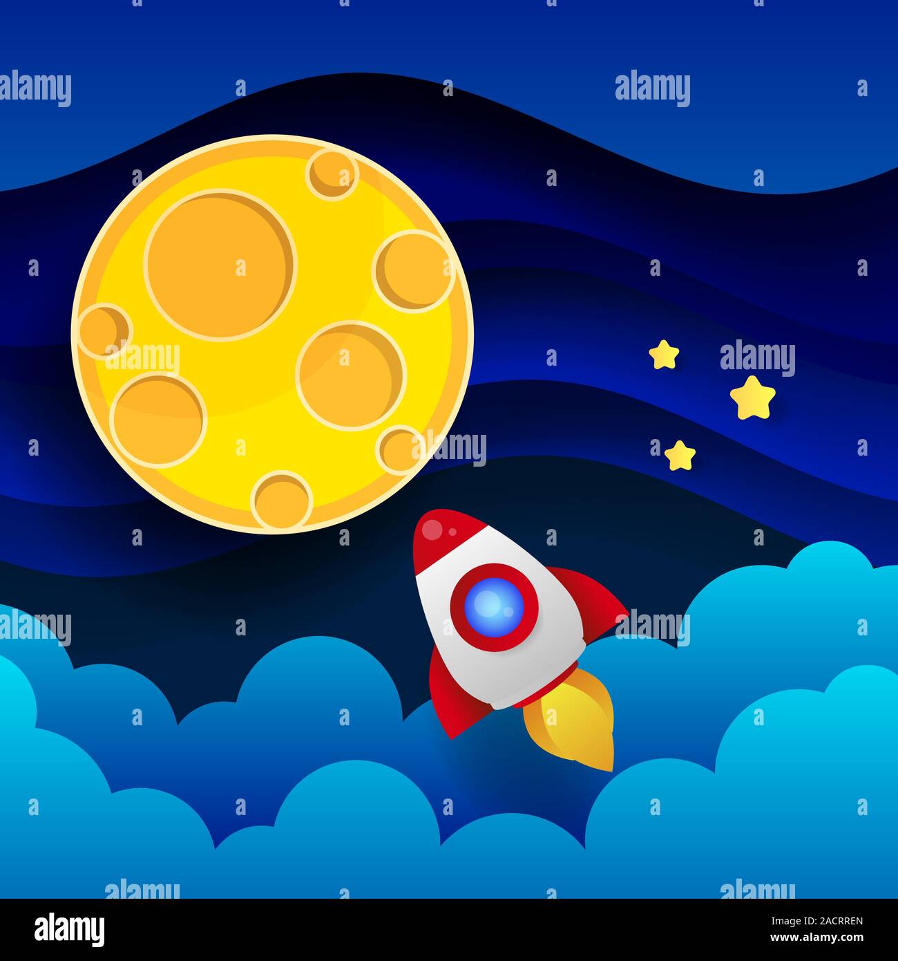 Die Rakete fliegt zum Mond durch die Atmosphäre Abbildung des Sternenhimmels Stock Vektor